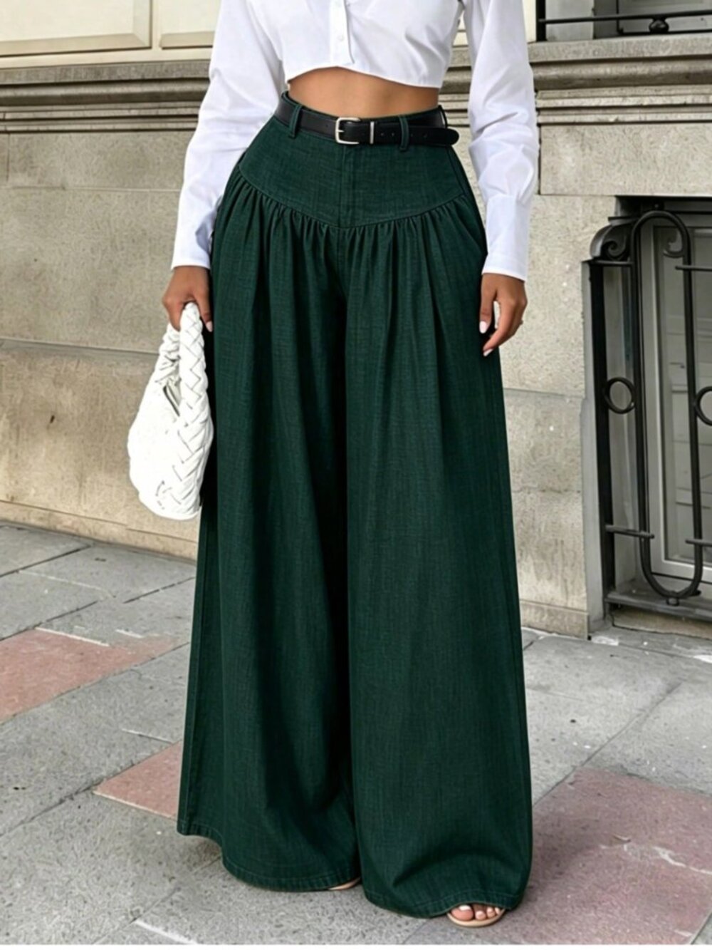 High Waisted Yoke Pleated Wide Leg Palazzo Pants Green - Picture 4 of 12